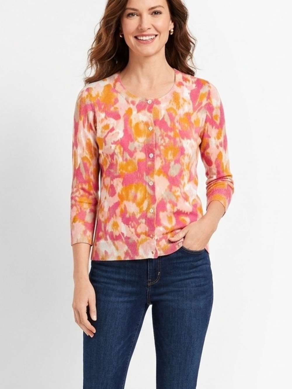 Talbots Cream, Pink & Mustard Floral Watercolor Cardigan